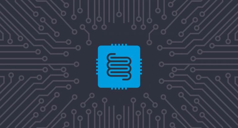 Graphic illustration of a computer chip and intestinal tract.