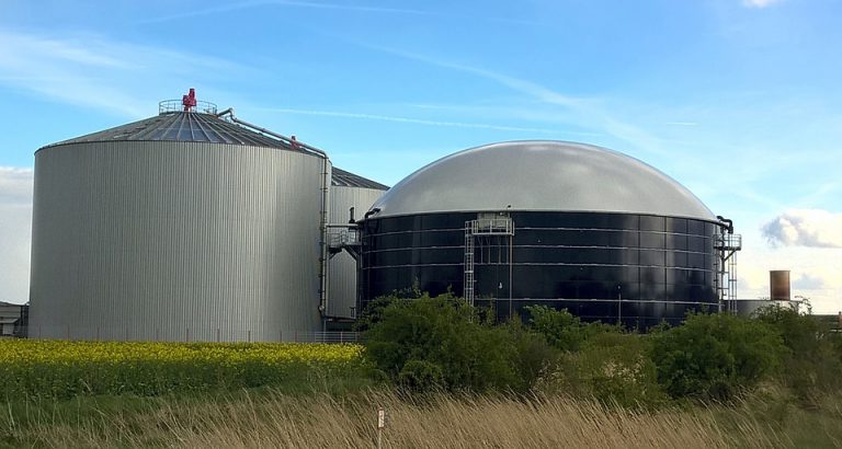 Das Bild zeigt eine Biogas-Anlage in einer ländlichen Umgebung