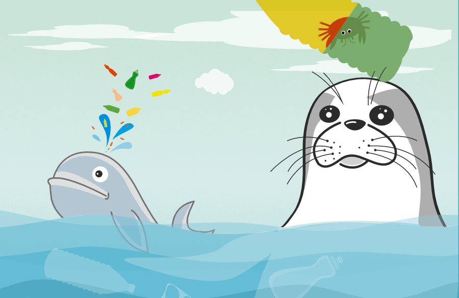 Illustration of a seal and a whale in a part of the ocean polluted with plastic waste.
