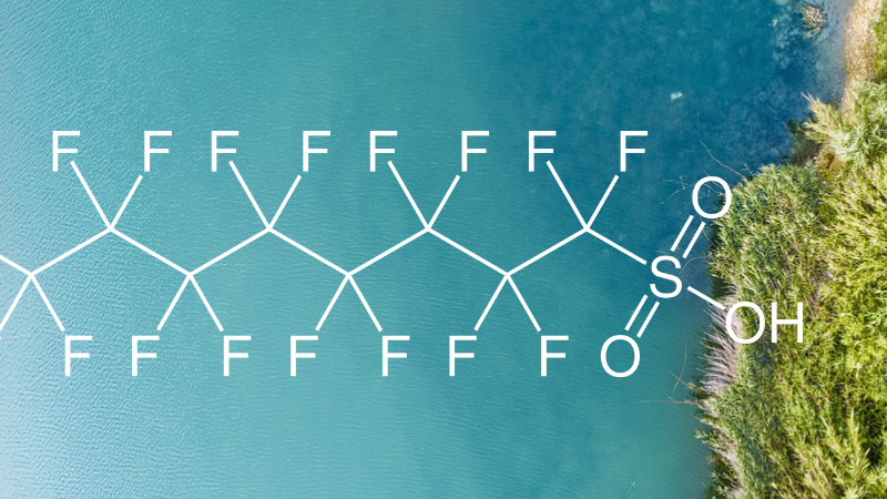 Image shows part of the molecule perfluorooctanesulfonic acid, in the background an aerial photo of a stretch of coast