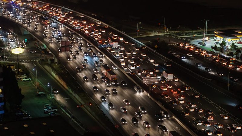 Heavy traffic on a highway at night