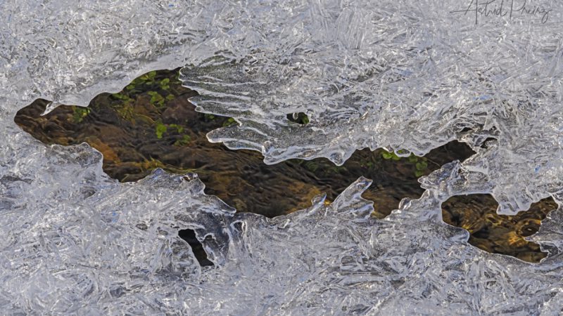 Frozen water on the surface of a clear small river