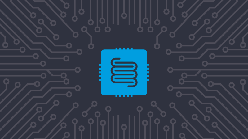 Graphic illustration of a computer chip and intestinal tract.