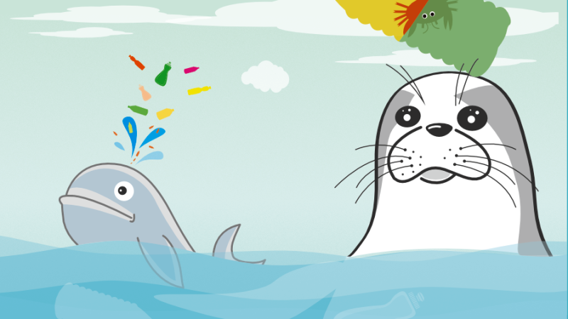 Illustration of a seal and a whale in a part of the ocean polluted with plastic waste.