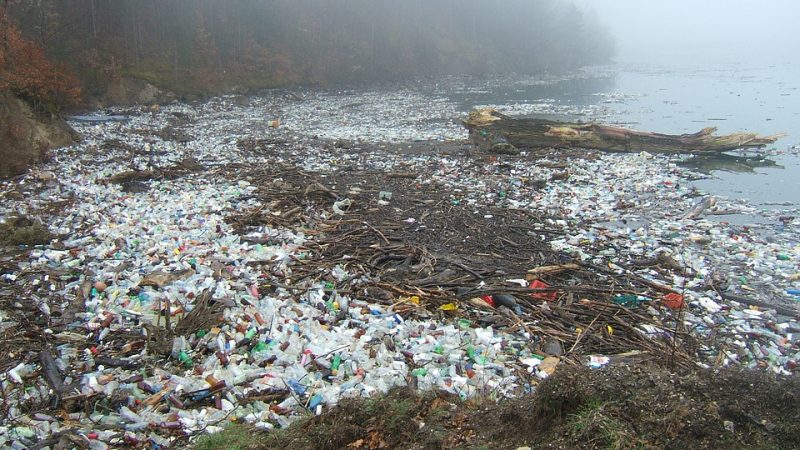 Plastic waste washed up on a sandbank of a river.