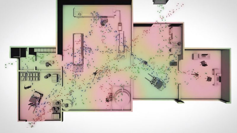 3D plan of a building with hotspots which are contaminated with microorganisms.