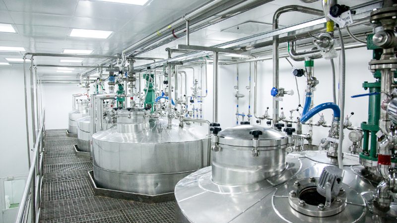 The picture shows stainless steel tanks which are used for pharmaceutical production